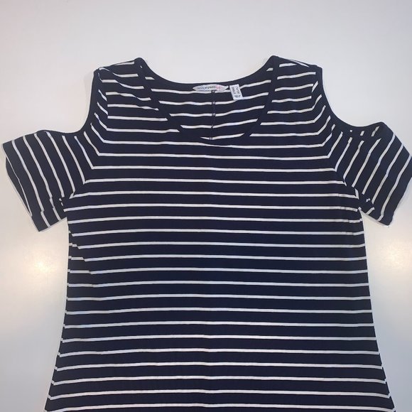 NWOT Isaac Mizrahi Live! Lg Blue/White Striped Cold Shoulder Maxi Dress Hi - Low - Picture 5 of 9